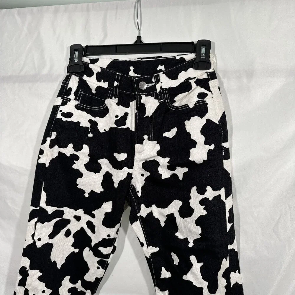 NEW $395 SIMON MILLER [ 24 ] Bell Bottom Jeans In Black White Cow‎ Print #Q375